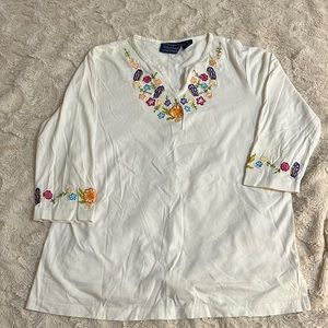 Willow Ridge White Crew Neck/ V-Neck 3/4 Sleeve Neckline/Sleeves Embroidered Top